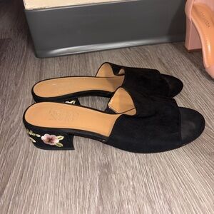 Franco Sarto Black Suede Mules with Embroidered Heel